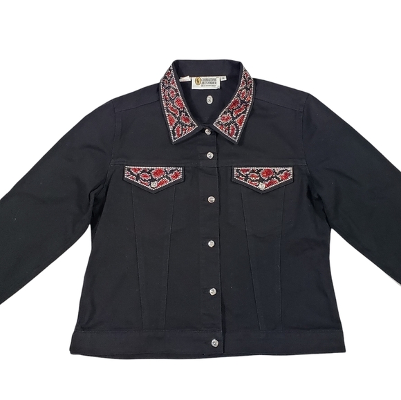 Christine Alexander Black Denim Jacket Sz Medium Swarovski Crystal Western Rodeo - Picture 3 of 14